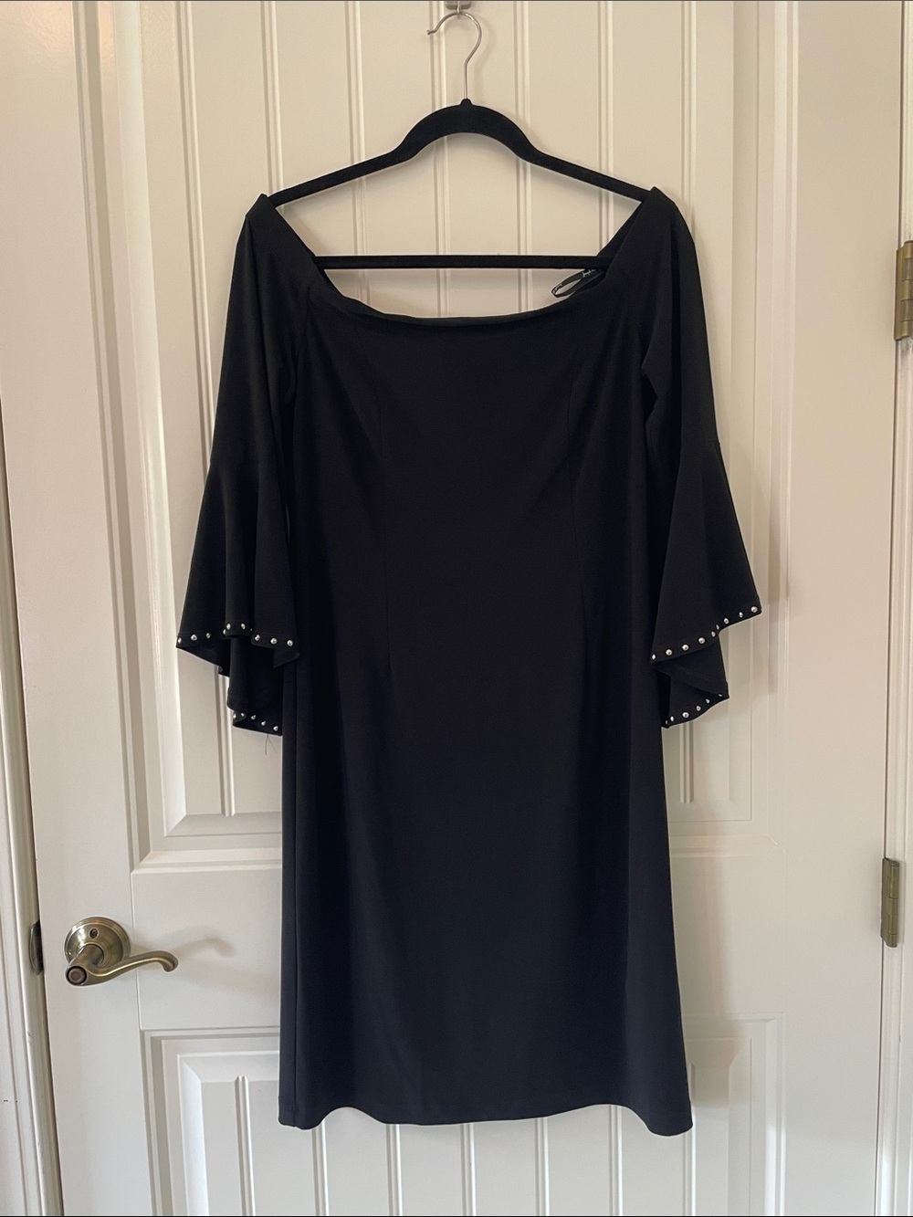 Joseph Ribkoff Black Off-the-Shoulder Dress with Pearl-Trim Bell Sleeves